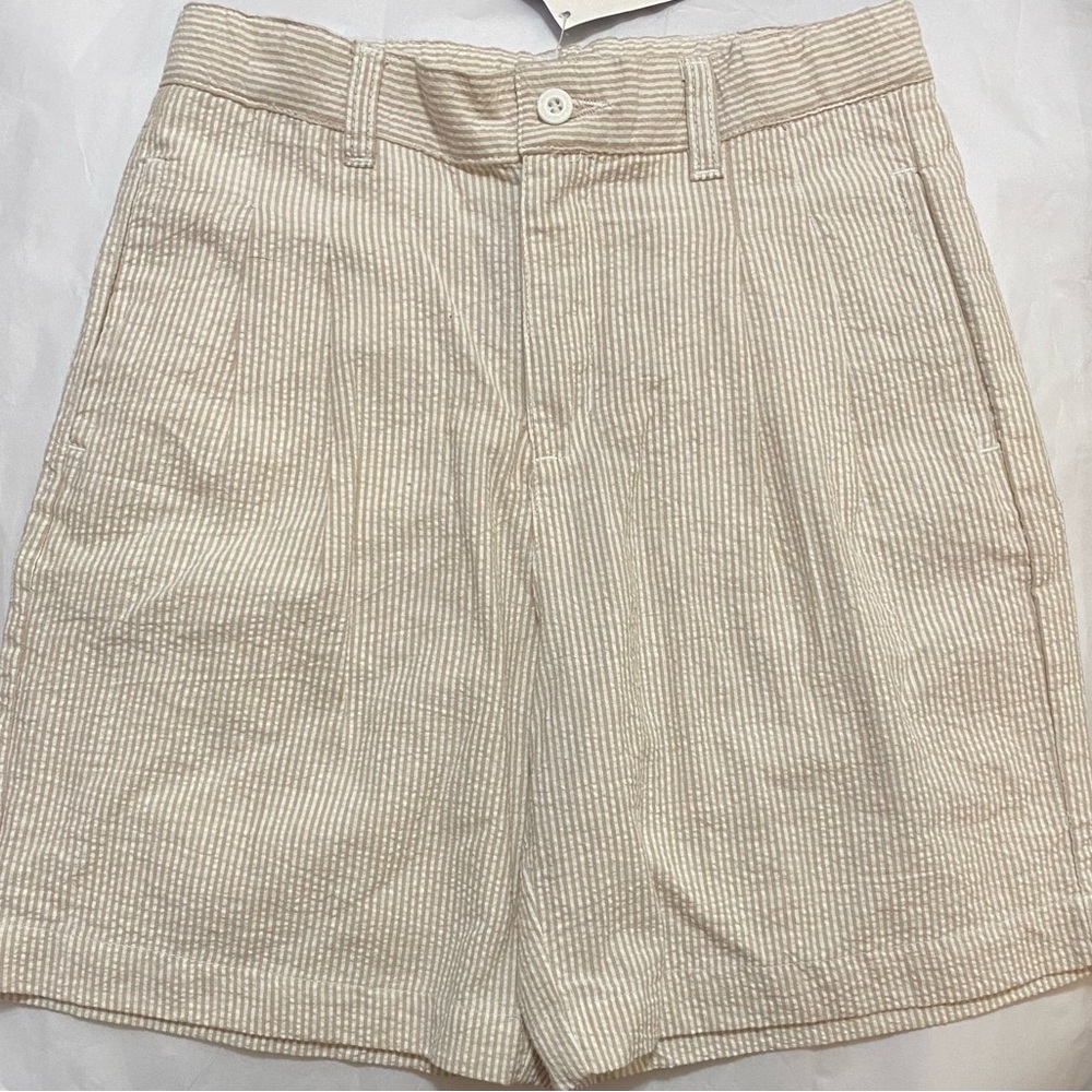 Tan Seersucker Shorts with a Tailored Look